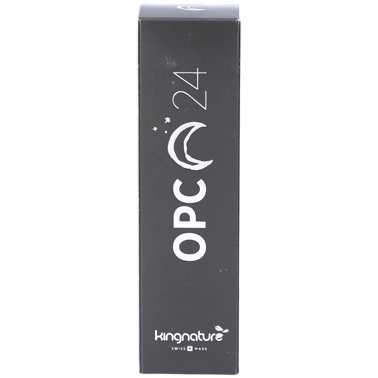 Schwarze Verpackung mit weißem "OPC 24"-Schriftzug, Mond- und Sternsymbol. Schweizer Kreuz oben. Marke: kingnature.