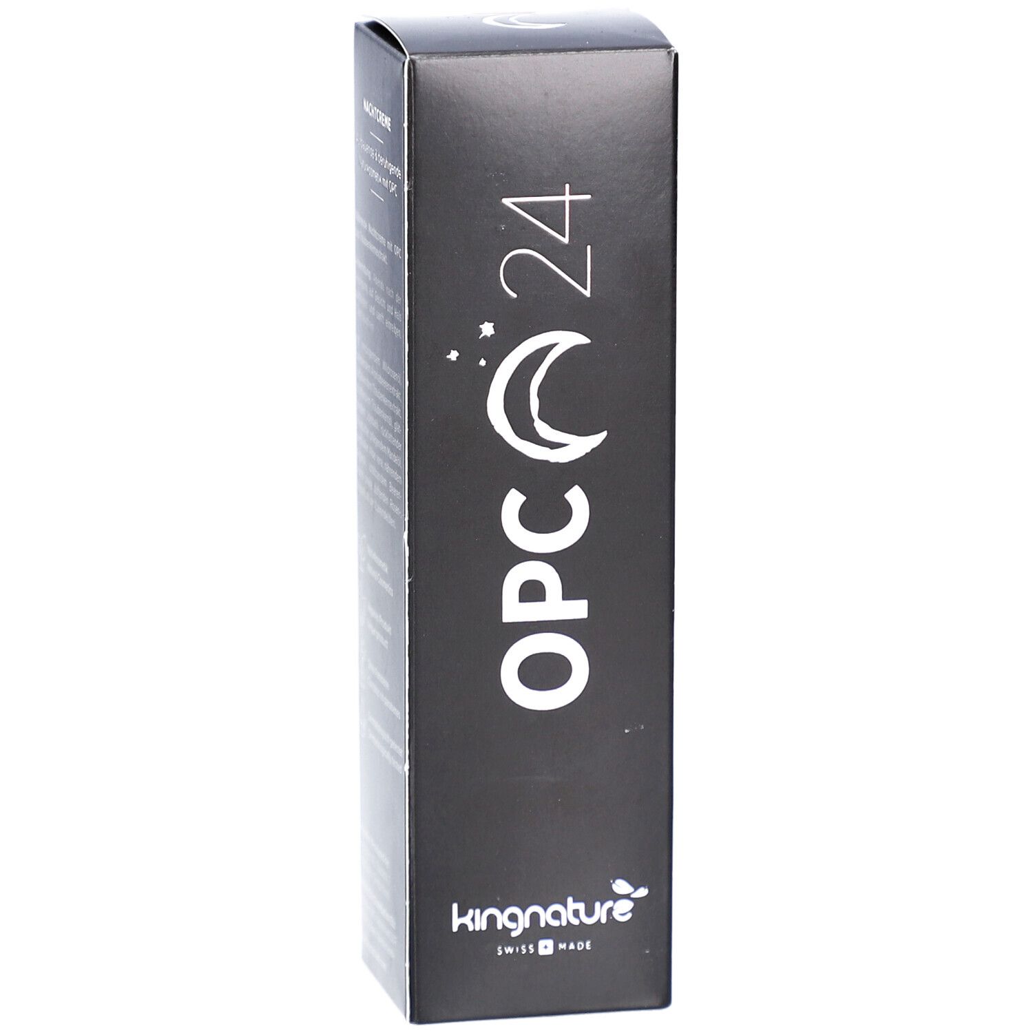 Schwarze Verpackung mit weißem "OPC 24"-Schriftzug, Mond- und Sternsymbol. Schweizer Kreuz oben. Marke: kingnature.