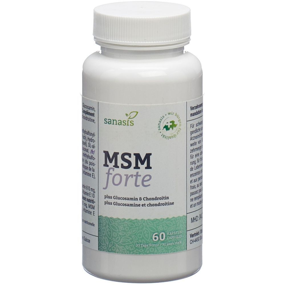 Weiße Flasche mit Kapseln. Aufschrift: MSM forte, plus Glucosamin & Chondroitin. 60 Kapseln.