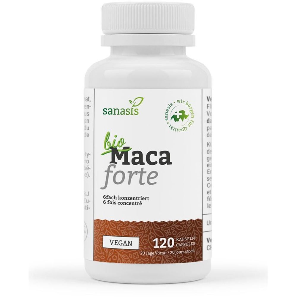 Flacon blanc avec étiquette "sanasis bio Maca forte". 120 gélules, vegan. Design vert-brun.