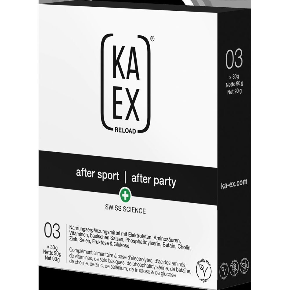 Weißer Karton mit schwarzer Schrift. Aufschrift: KAEX RELOAD, after sport | after party, Swiss Science. Enthält 3 Beutel à 30g.