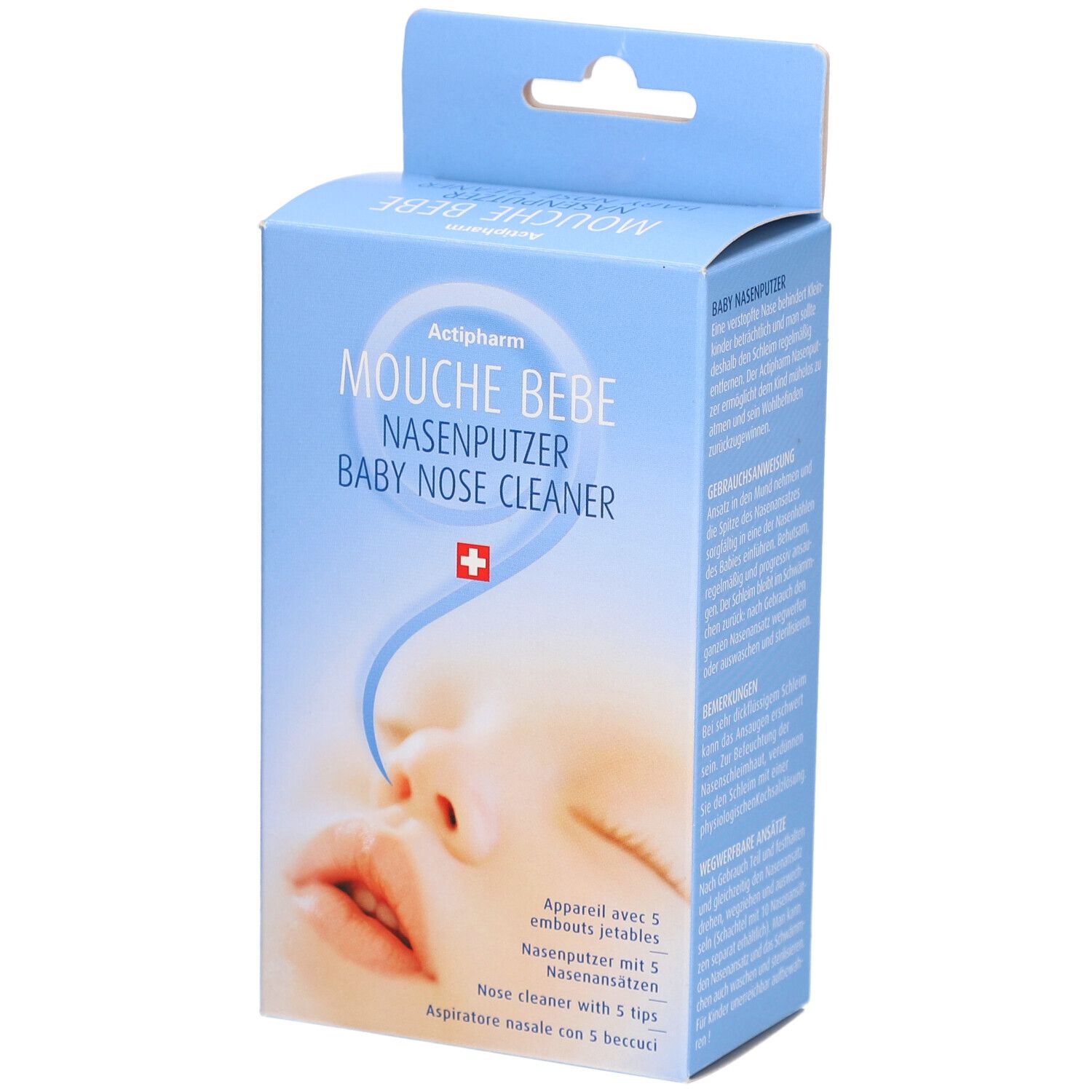 Boîte bleue et blanche. Inscription: Actipharm, Mousse Bebe, Nasenputzer, Baby Nose Cleaner. Image d'un bébé. Croix suisse.