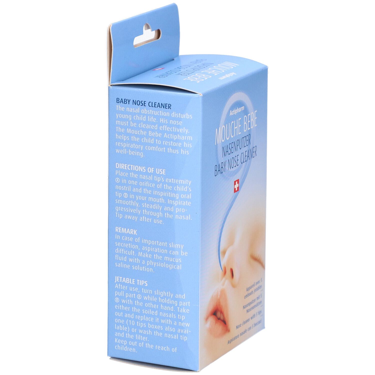Boîte bleue, vue latérale. Texte: Mode d'emploi, instructions d'utilisation. Image d'un bébé. Nom du produit: Mousse Bebe Nasenputzer.