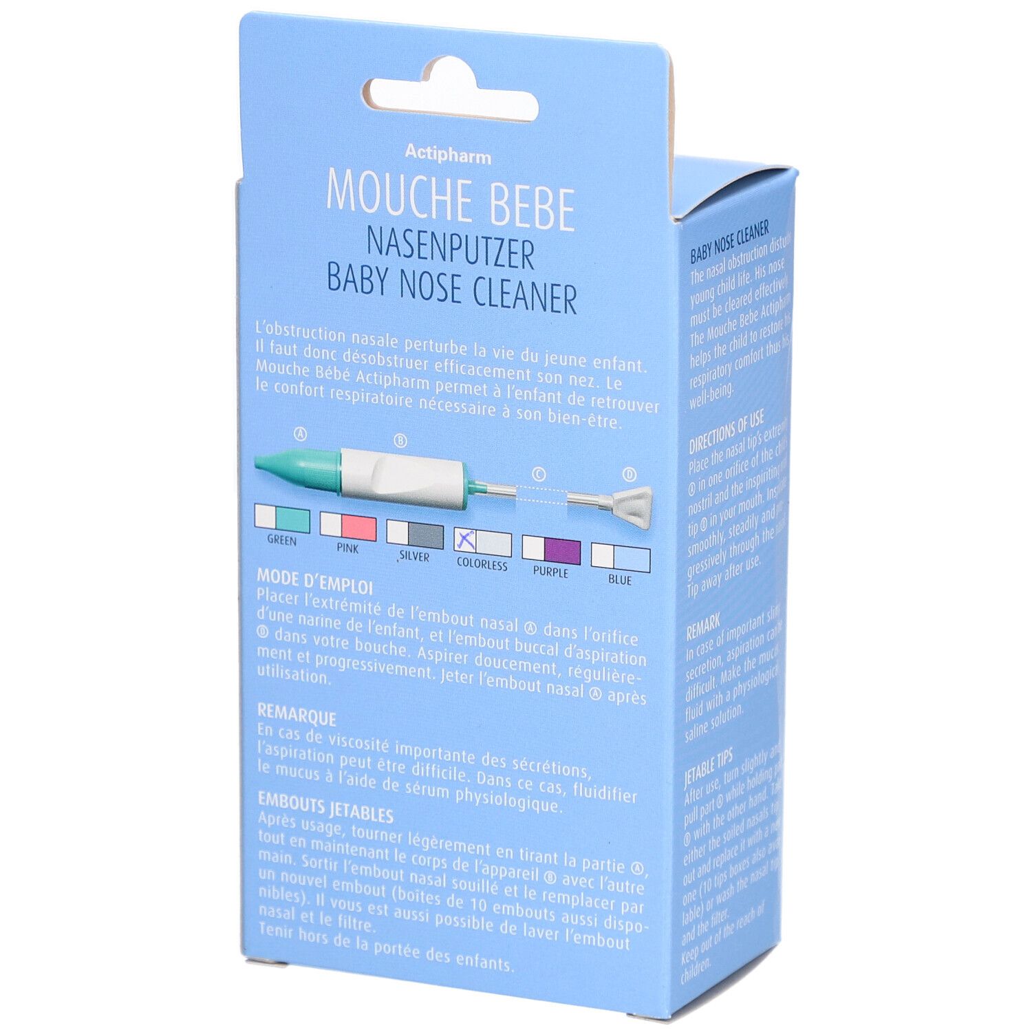 Boîte bleue. Nom du produit: Mousse Bebe Nasenputzer. Image du nettoyeur nasal avec embouts colorés. Texte: Mode d'emploi.