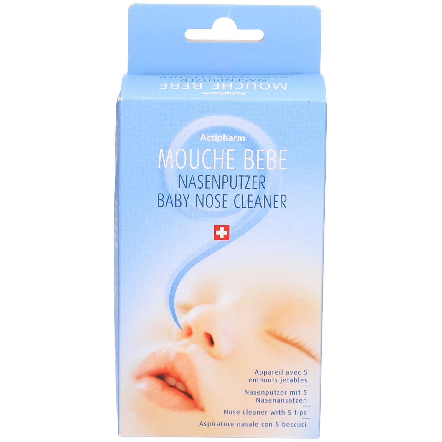 Boîte bleue. Inscription: Actipharm, Mousse Bebe, Nasenputzer, Baby Nose Cleaner. Image d'un bébé. Croix suisse.