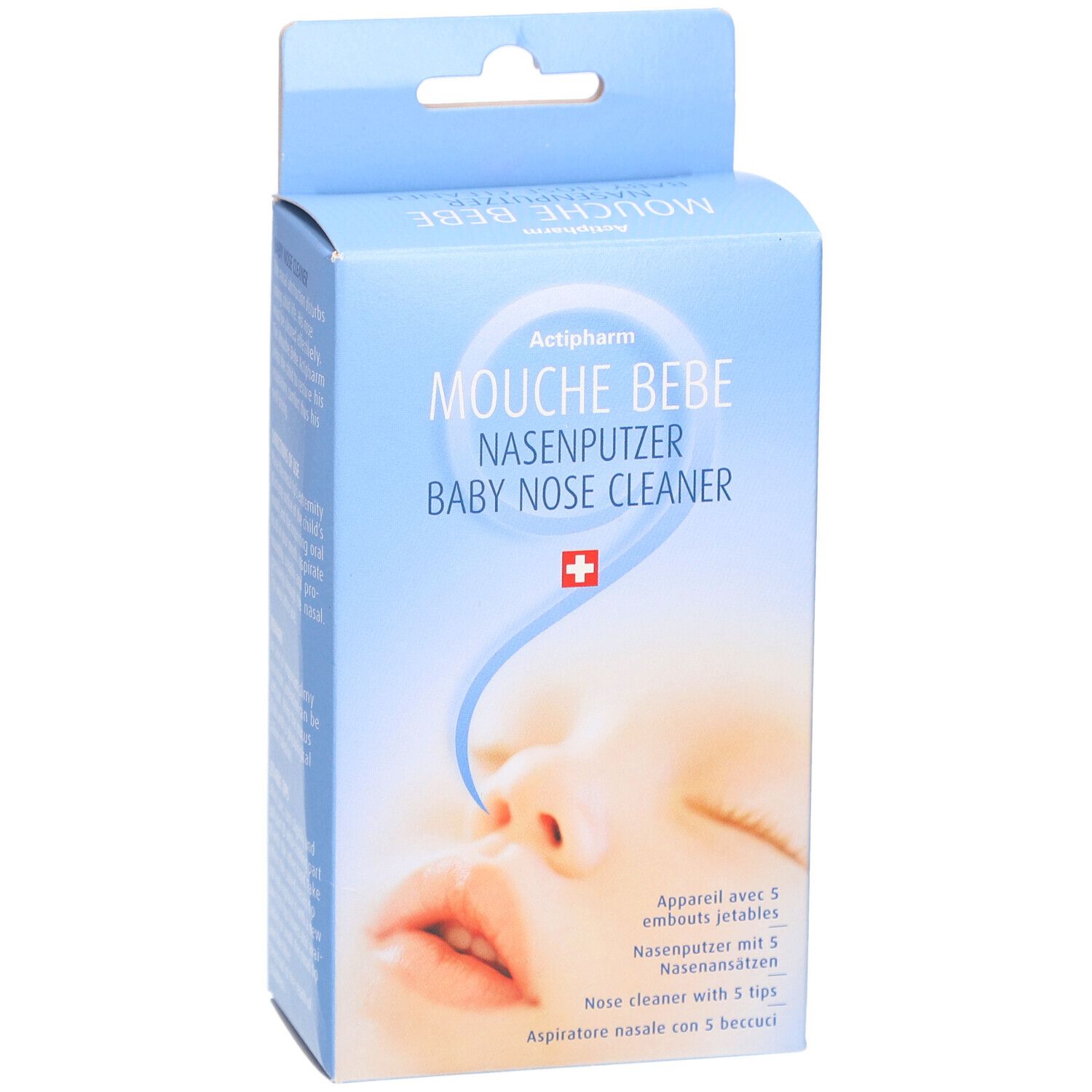 Boîte bleue. Inscription: Actipharm, Mousse Bebe, Nasenputzer, Baby Nose Cleaner. Image d'un bébé. Croix suisse.
