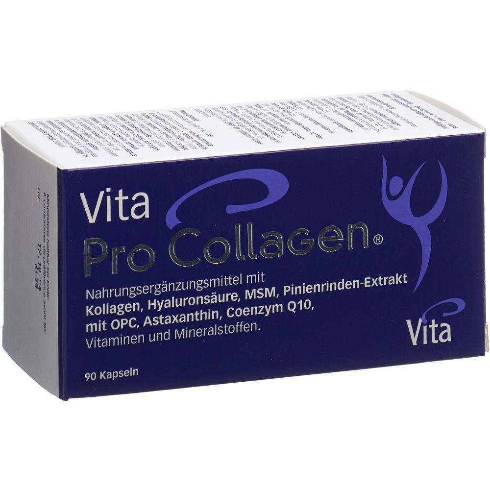 Vita Pro Collagen®-Verpackung. Blaue Schachtel mit weißer Schrift und Logo. Enthält 90 Kapseln.