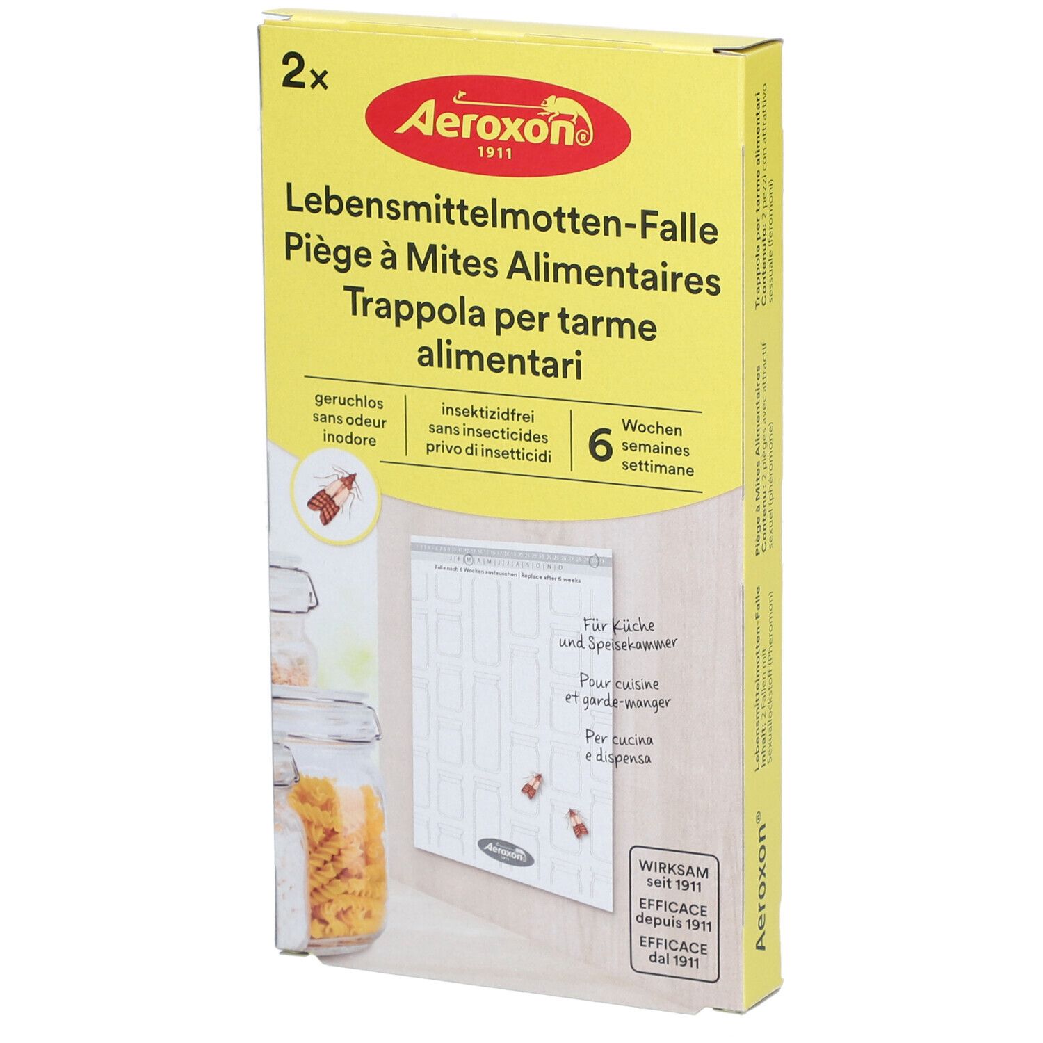 Gele verpakking met productnaam en logo. Bevat twee vallen. Tekst in het Duits, Frans, Italiaans. 6 weken effectief.