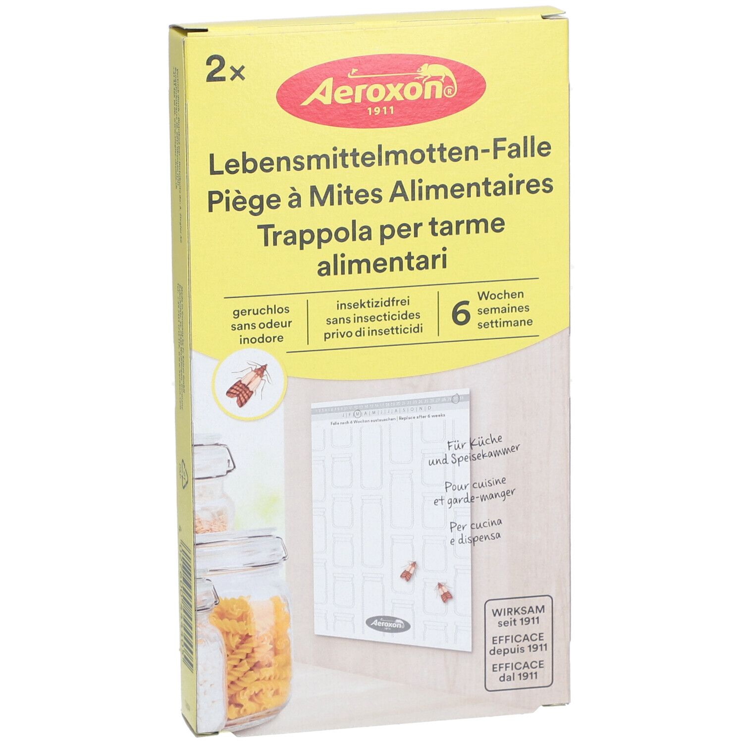 Gele verpakking met productnaam en logo. Bevat twee vallen. Tekst in het Duits, Frans, Italiaans. 6 weken effectief.