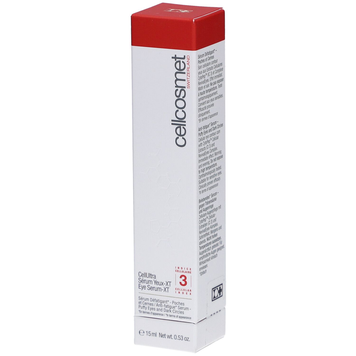 Weißer Karton mit rotem Deckel. Aufschrift "cellcosmet" und Produktbezeichnung. Enthält 15ml. Schweizer Produkt.
