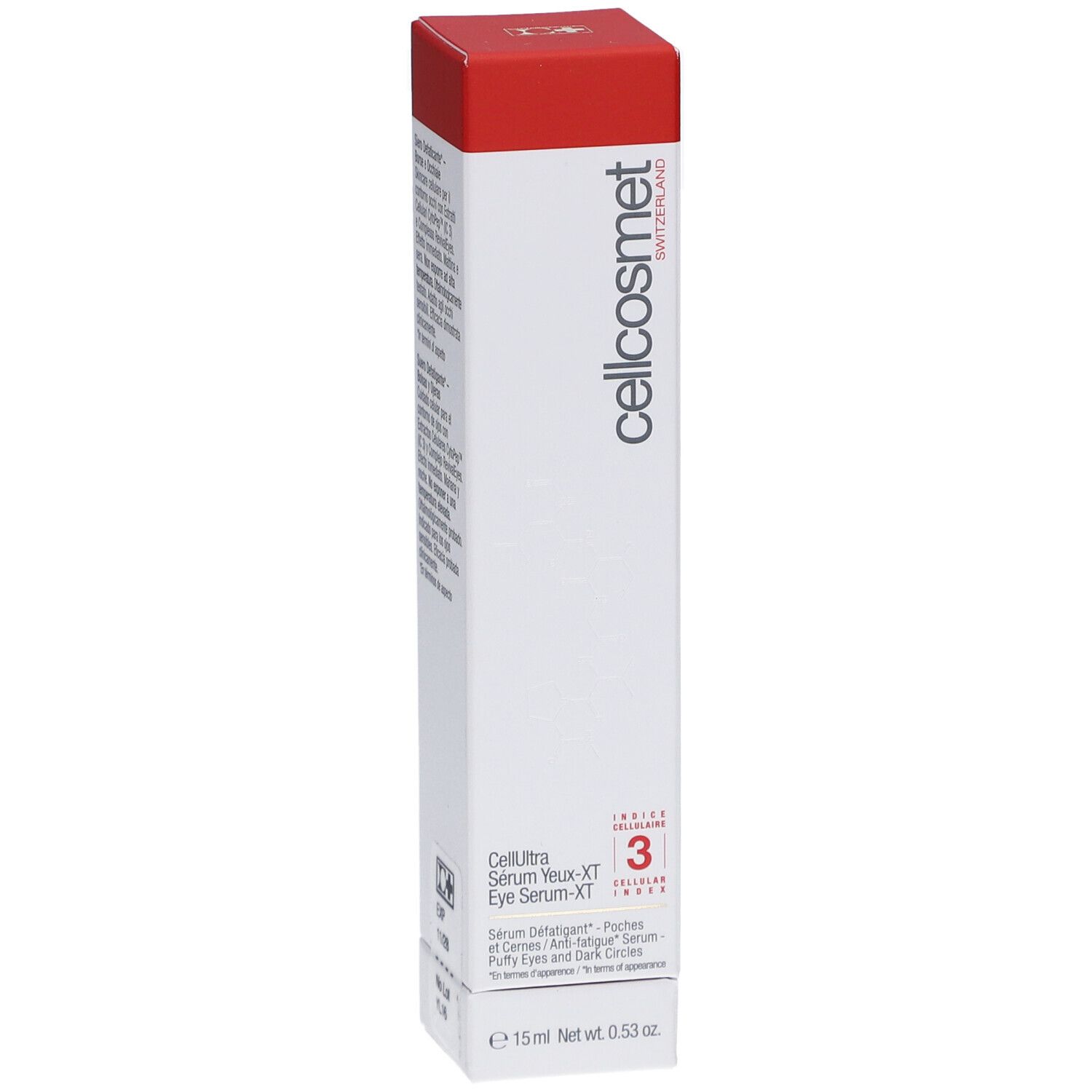 Produktverpackung, weiß mit rotem Deckel. Enthält Produktnamen und Logo. Schweizer Produkt.