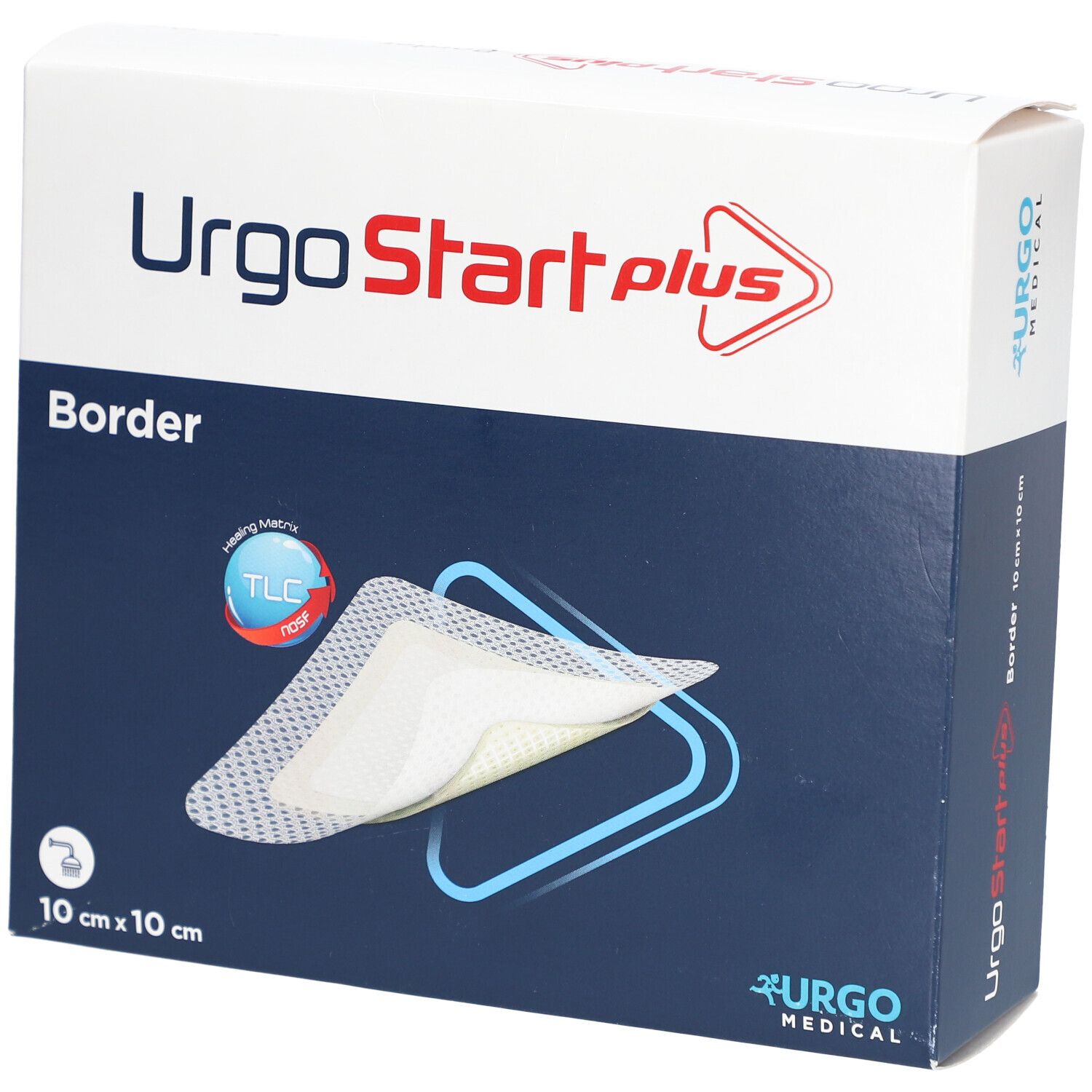 Boîte de UrgoStart Plus Border. Compresse visible. Dimensions : 10 x 10 cm. Logo et nom du produit clairement visibles.