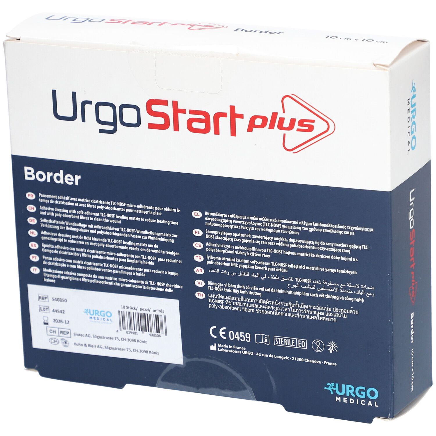 Dos de la boîte UrgoStart Plus Border. Texte multilingue. Marquage CE et symbole de stérilité.