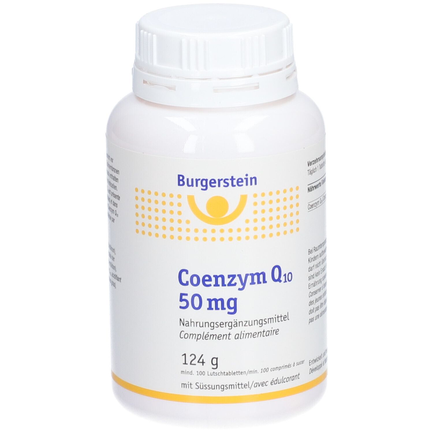 Weiße Flasche mit Burgerstein-Logo und Aufschrift Coenzym Q10 50 mg. Nahrungsergänzungsmittel. 124 g, 100 Lutschtabletten.
