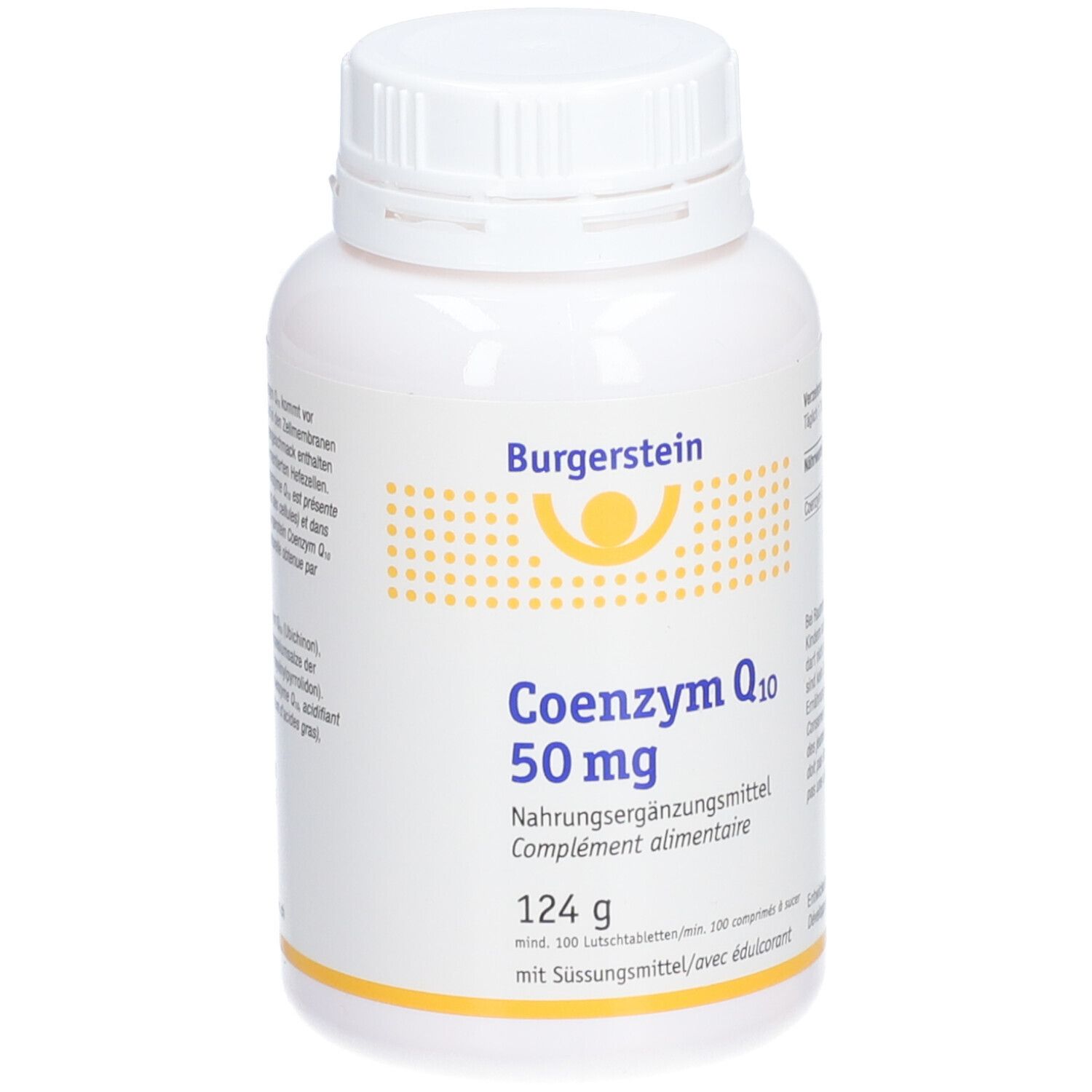 Weiße Flasche mit Burgerstein-Logo und Aufschrift Coenzym Q10 50 mg. Nahrungsergänzungsmittel. 124 g, 100 Lutschtabletten.