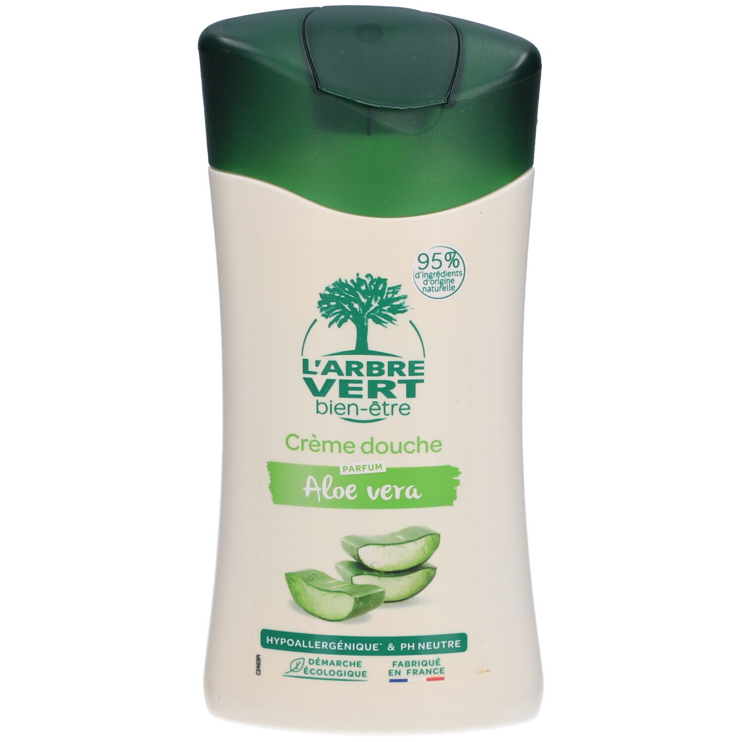 Weiß-grüne Duschgelflasche mit Aloe Vera. Grüner Deckel, Logo und Text. Hypoallergen und pH-neutral.