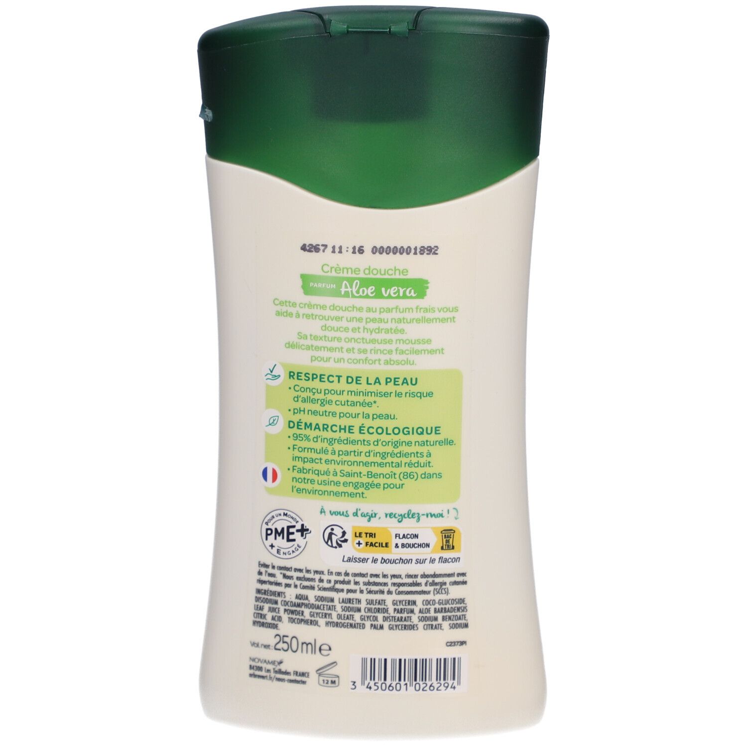 Rückseite der Duschgelflasche. Text in mehreren Sprachen. Ökologisches Label und Inhaltsstoffe.