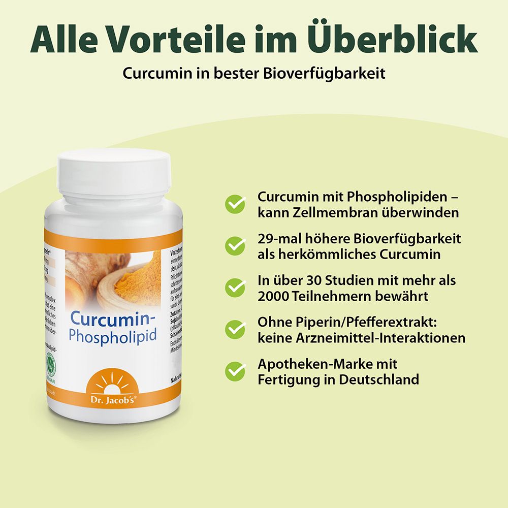 Flacon avec texte et coches vertes. Inscription : Curcumine-Phospholipide. Avantages : biodisponibilité, études.