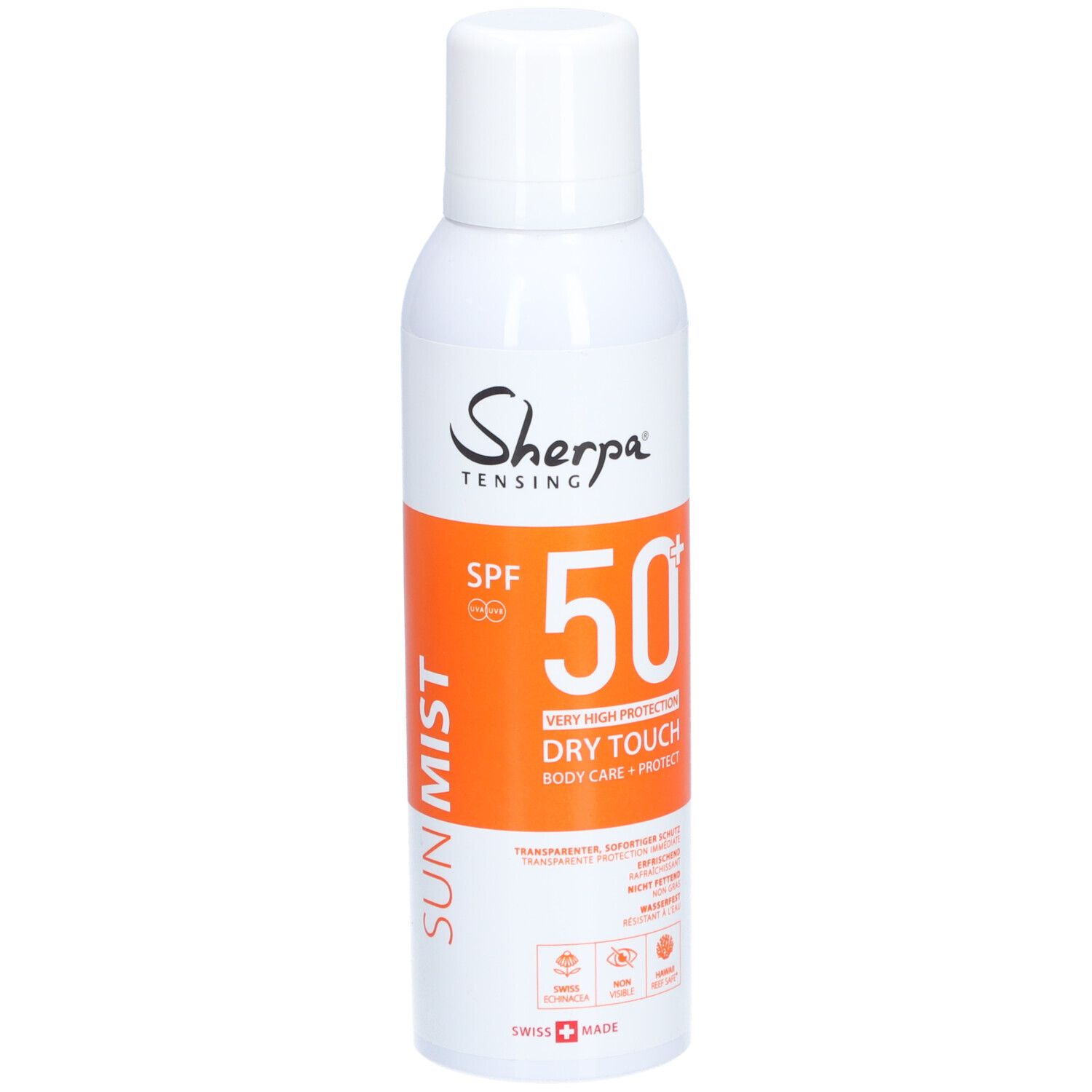 Weiße Sprühflasche mit orangefarbenem Etikett. Aufschrift: Sherpa Tensing, SPF 50, Sun Mist. Schweizer Flagge.