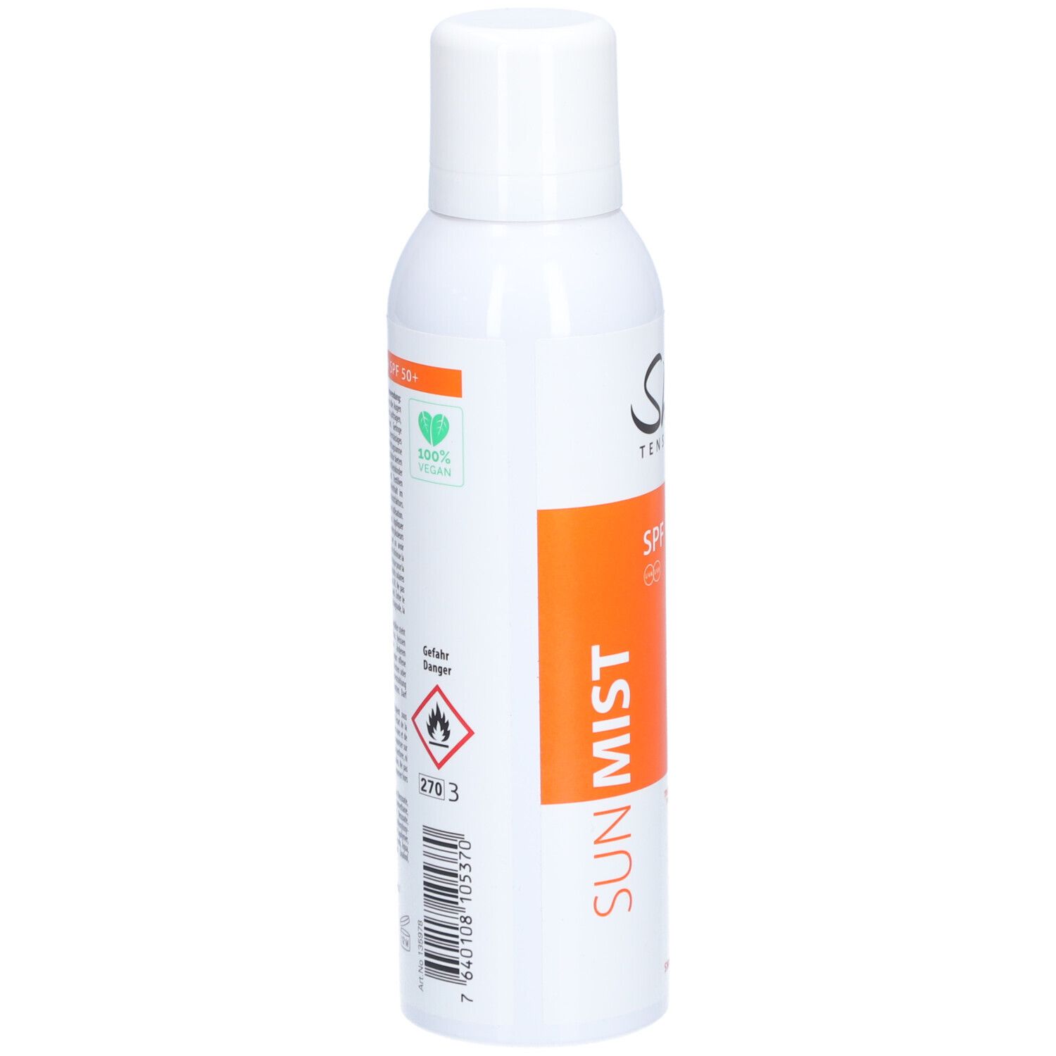 Weiße Sprühflasche mit orangefarbenem Etikett. Aufschrift: Sun Mist. Vegan-Logo. Gefahrensymbol.