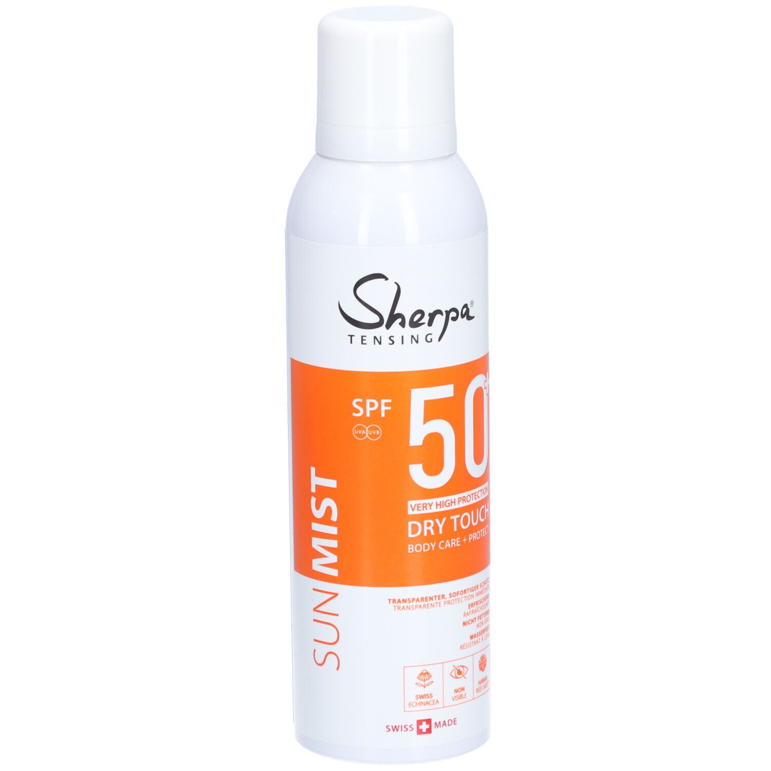 Weiße Sprühflasche mit orangefarbenem Etikett. Aufschrift: Sherpa Tensing, SPF 50, Sun Mist. Schweizer Flagge.