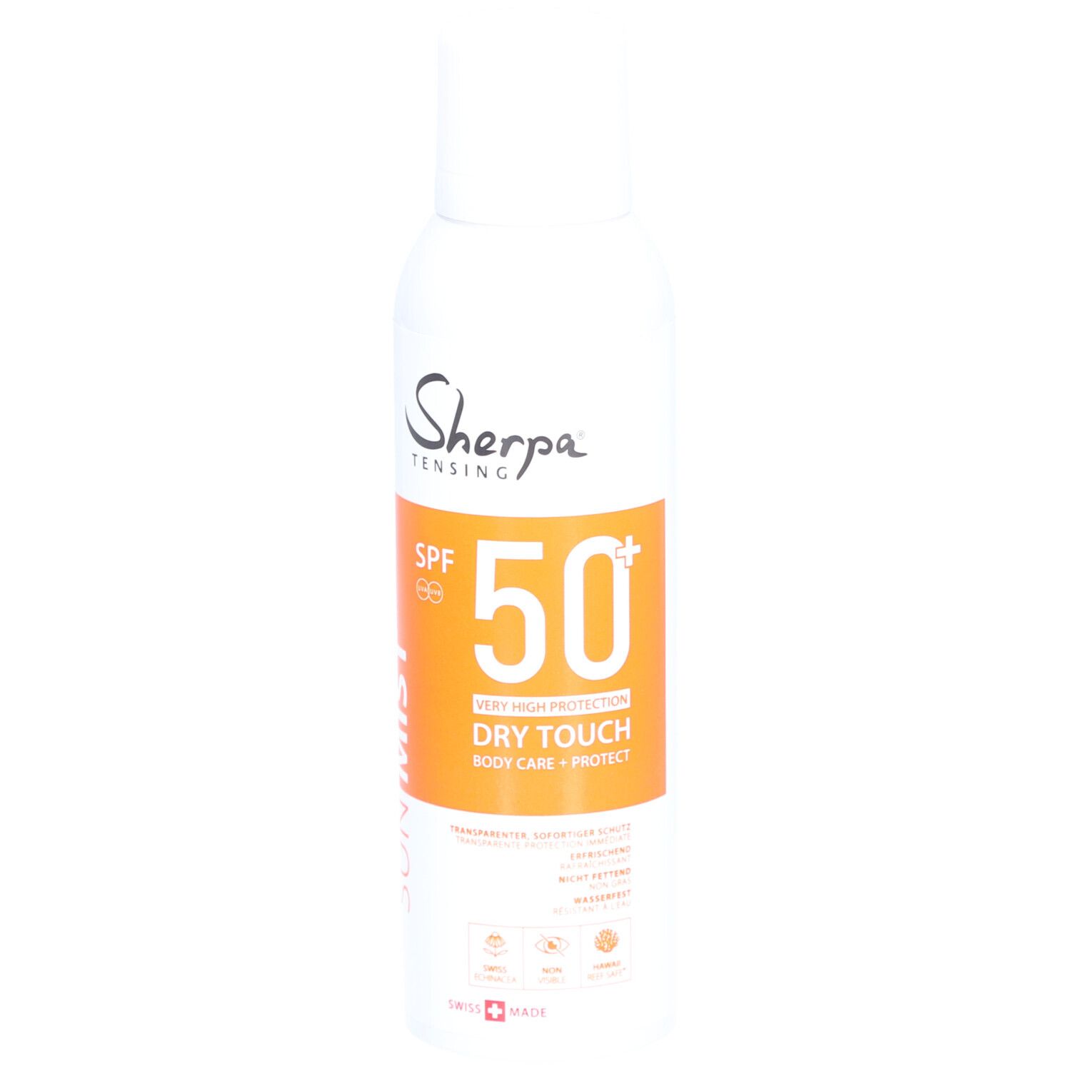 Weiße Sprühflasche mit orangefarbenem Etikett. Aufschrift: Sherpa Tensing, SPF 50, Sun Mist. Schweizer Flagge.