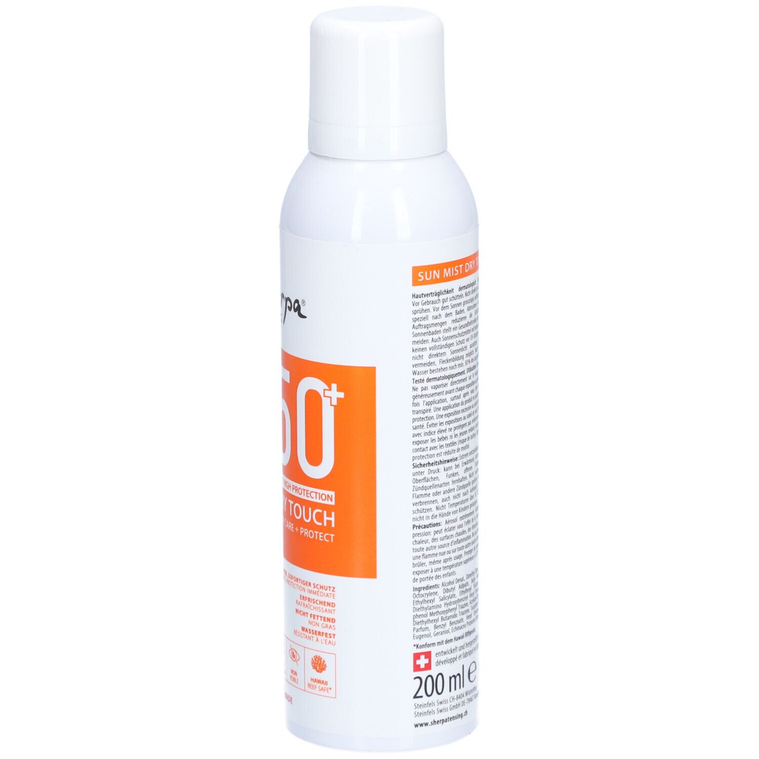 Weiße Sprühflasche mit Text. Aufschrift: Sun Mist Dry Touch SPF 50+. Schweizer Flagge. Volumen: 200 ml.
