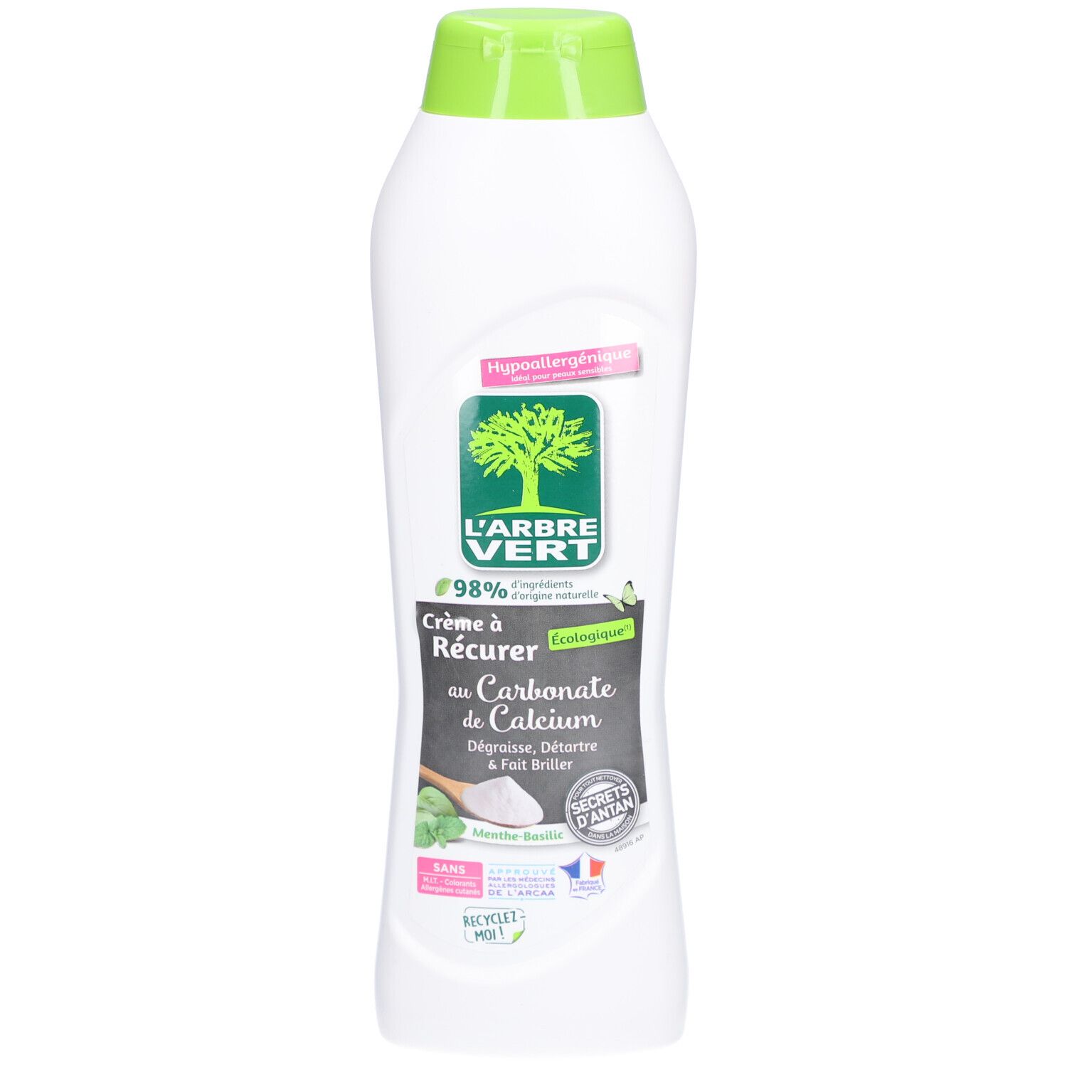 Weiß-grüne Flasche mit Produktetikett. Text: L'ARBRE VERT, Crème à récurer au Carbonate de Calcium. Ökologisch.