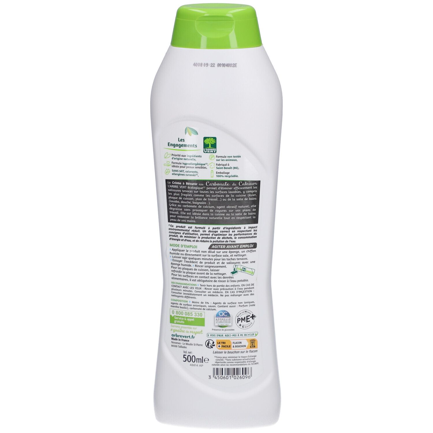 Rückseite der weißen und grünen Flasche. Text und Informationen zum Produkt und Zertifizierungen.
