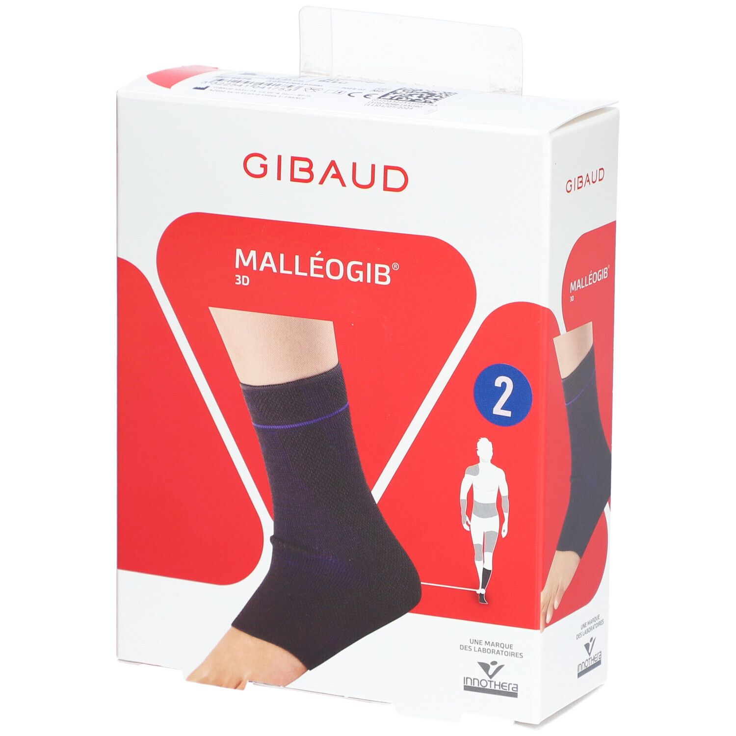 Boîte de l'attelle de cheville. Marque GIBAUD, modèle Malleogib 3D, taille 2. Illustration d'un pied avec attelle. Couleur bleue.