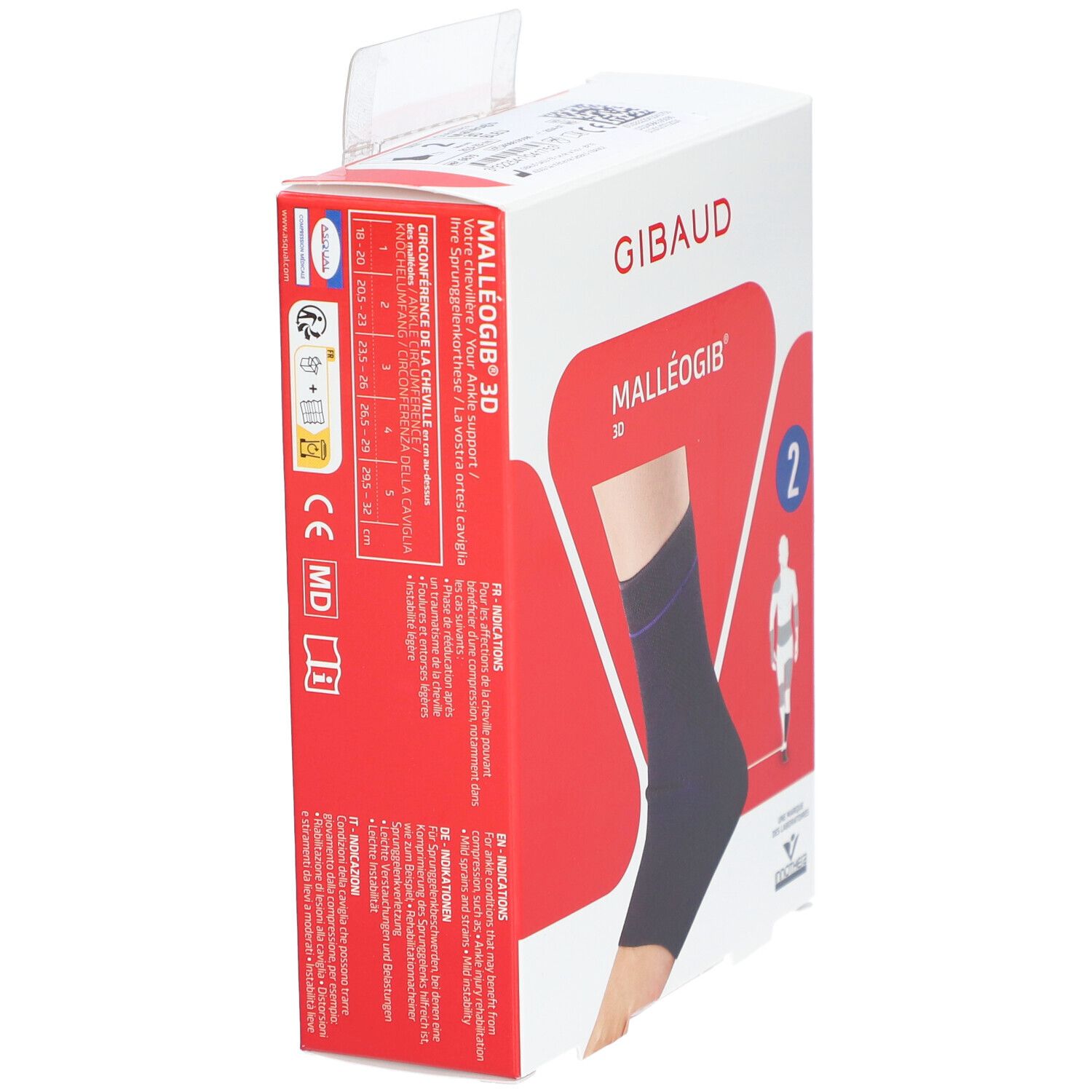 Boîte de l'attelle de cheville. Marque GIBAUD, modèle Malleogib 3D, taille 2. Informations produit et certifications sur le côté.
