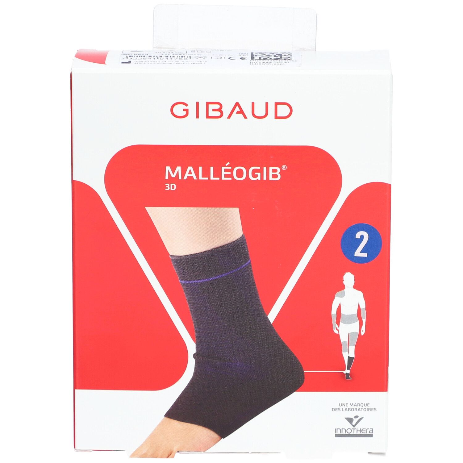 Boîte de l'attelle de cheville. Marque GIBAUD, modèle Malleogib 3D, taille 2. Illustration d'un pied avec attelle. Couleur bleue.
