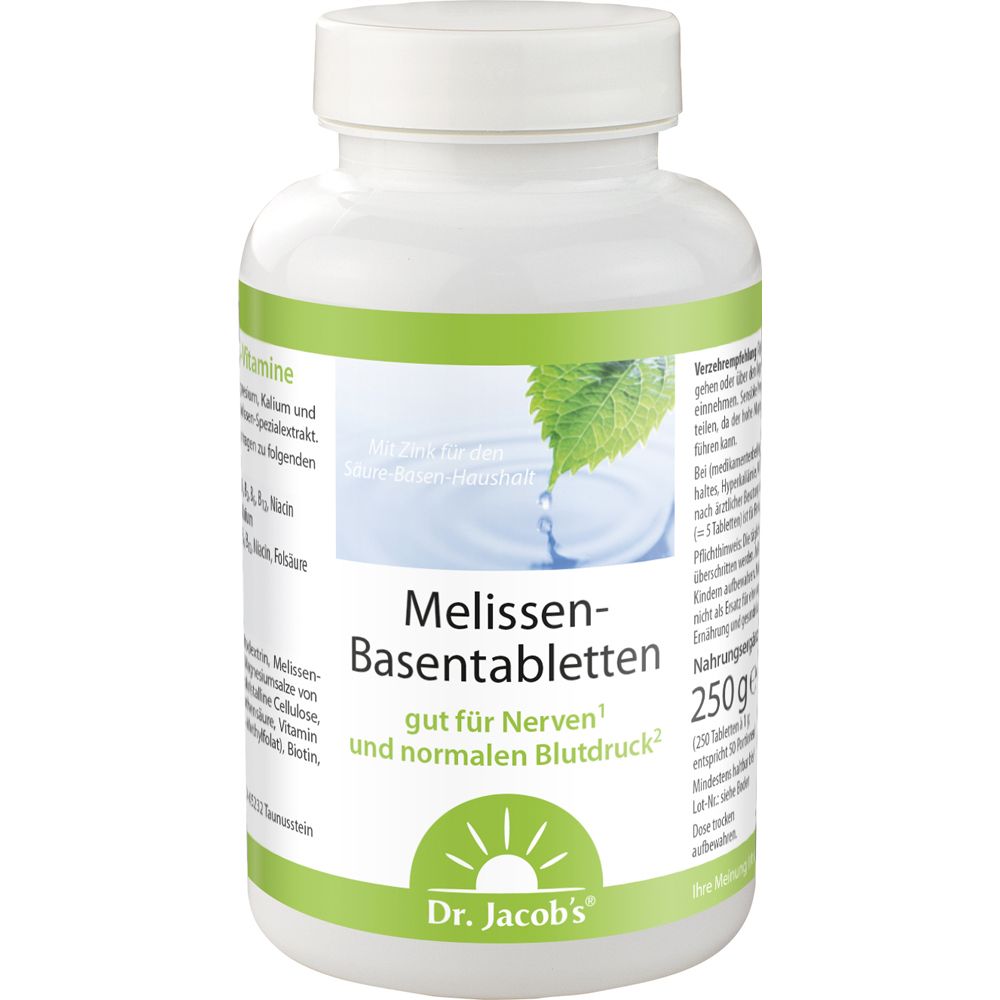 Weiße Flasche mit grüner Aufschrift. Enthält Tabletten. Aufschrift: Melissen-Basentabletten, Dr. Jacob's.