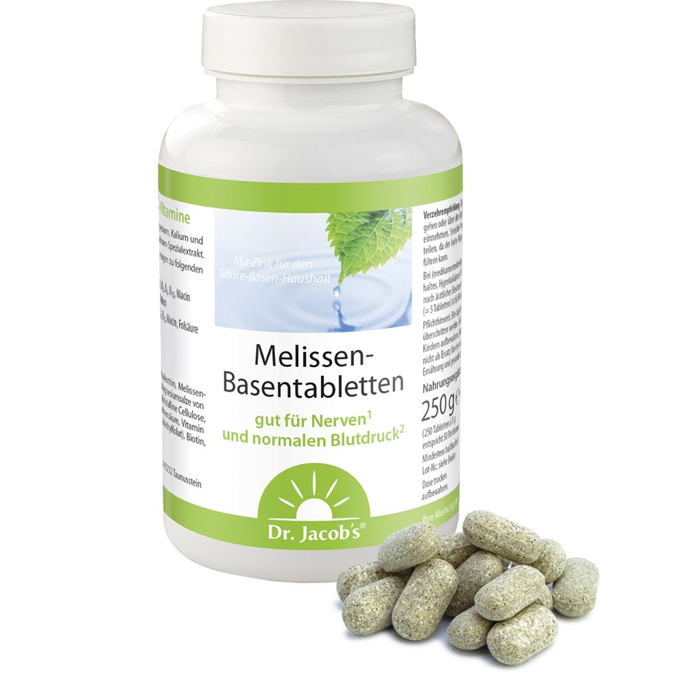 Weiße Flasche mit grüner Aufschrift und Tabletten daneben. Aufschrift: Melissen-Basentabletten, Dr. Jacob's.