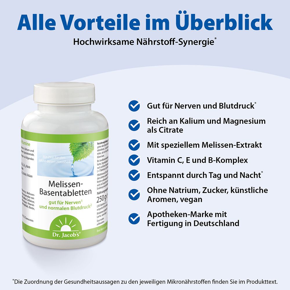 Weiße Flasche mit grüner Aufschrift. Text: Vorteile im Überblick. Enthält Tabletten. Aufschrift: Dr. Jacob's.