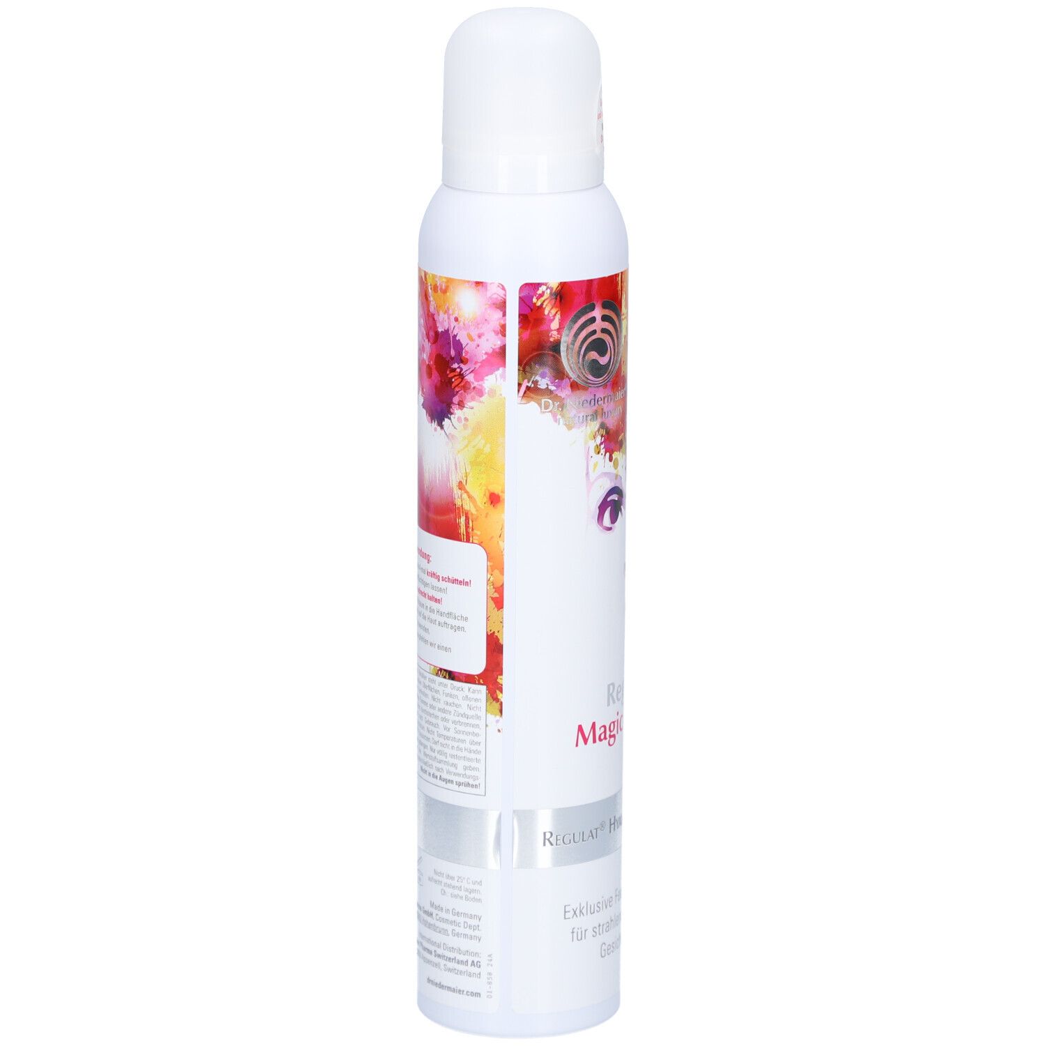 Weiße Sprühflasche, Rückseite mit farbigem Design und Text. Silberfarbener Streifen. Text: Regulat. Exklusive Feuchtigkeitspflege.