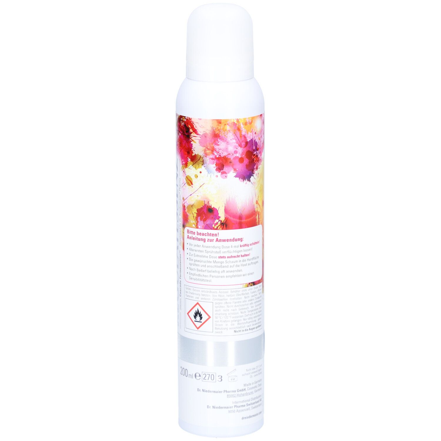 Weiße Sprühflasche, Rückseite mit farbigem Design und Text. Text: Anwendungshinweise. 200 ml. Gefahrensymbol.