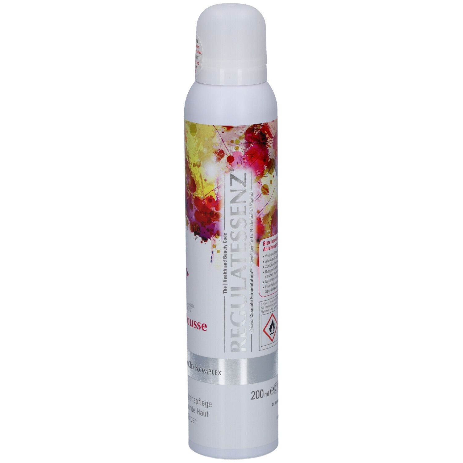 Weiße Sprühflasche mit farbigem Design und Text. Text: Regulatessenz. 200 ml. Gefahrensymbol. Hautpflege.