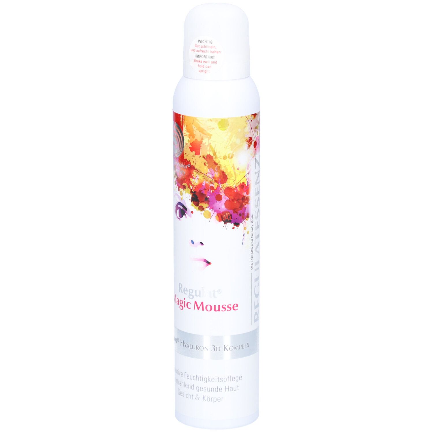 Weiße Sprühflasche mit farbigem Design und Produktnamen. Aufschrift: Regulat Magic Mousse. Gesichtsdarstellung.