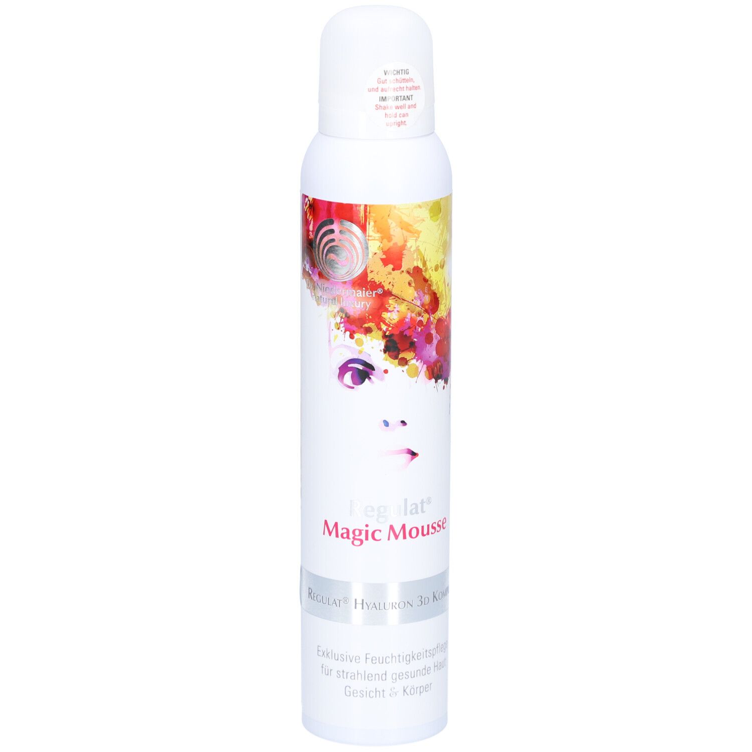 Weiße Sprühflasche mit farbigem Design und Produktnamen. Aufschrift: Regulat Magic Mousse. Gesichtsdarstellung.