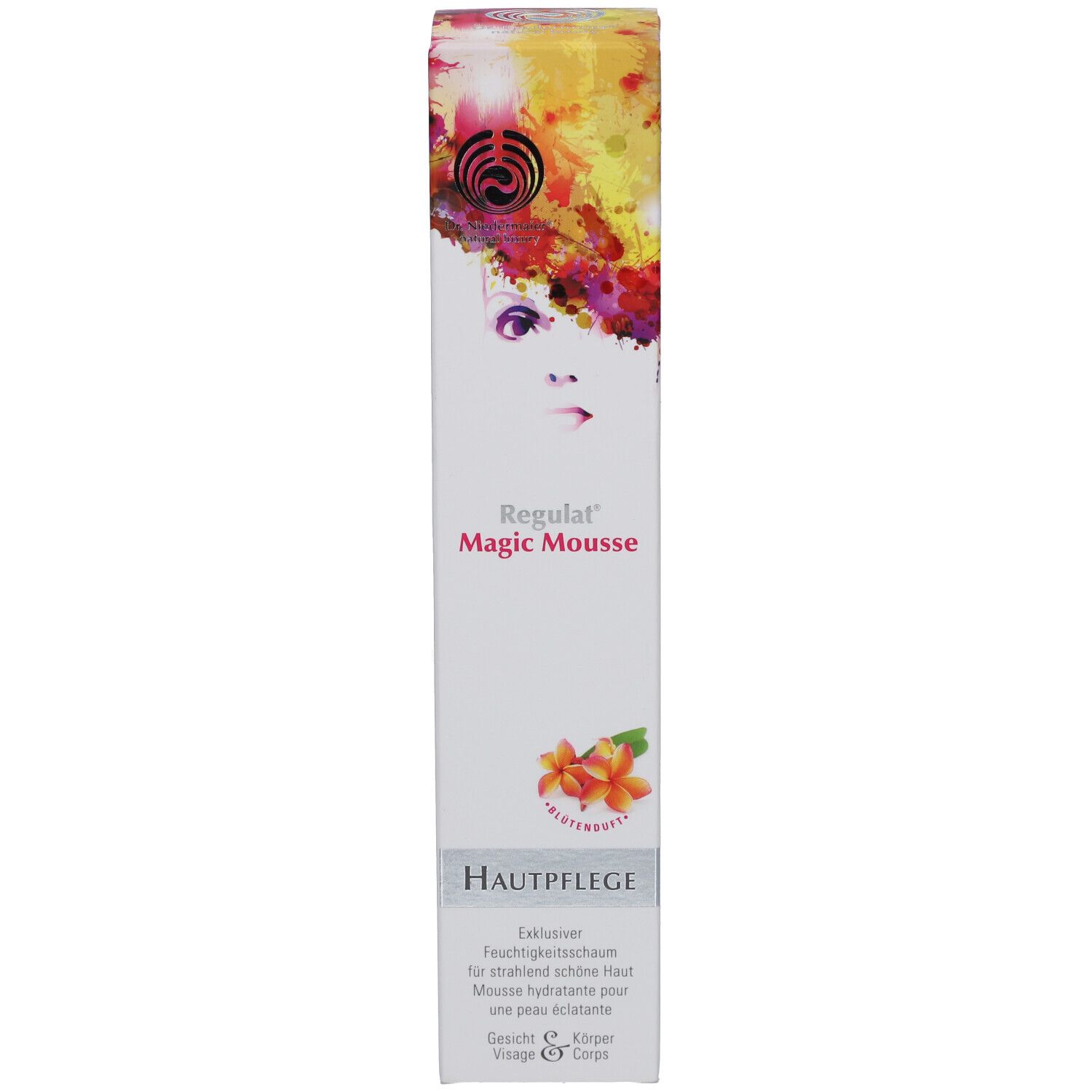 Produktverpackung. Weiß, farbiges Design, Produktname. Text: Hautpflege. Gesicht & Körper. Abbildung von Blüten.