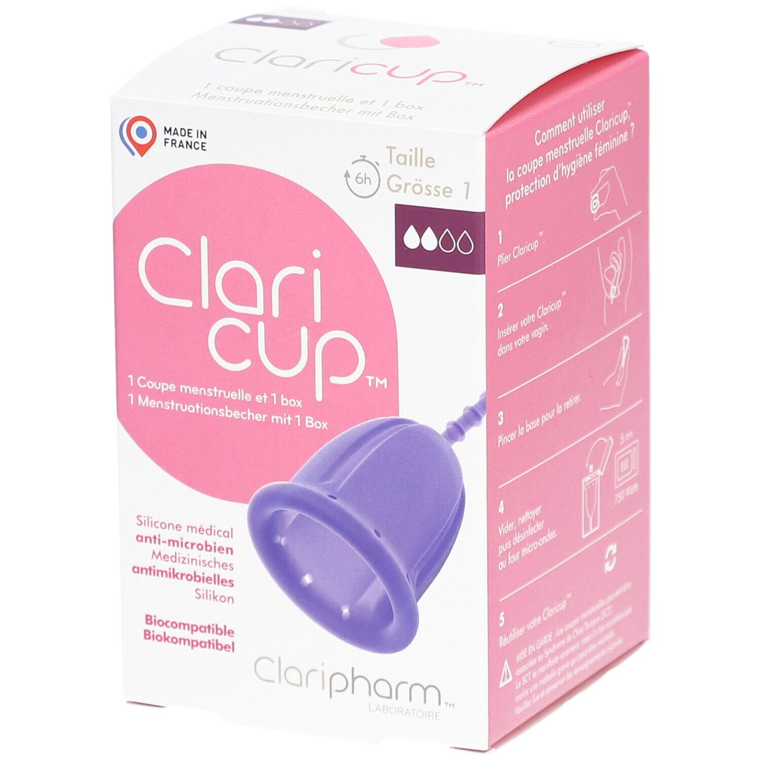 Boîte Claricup® Taille 1. Coupe menstruelle en silicone violet, avec informations produit et logo.
