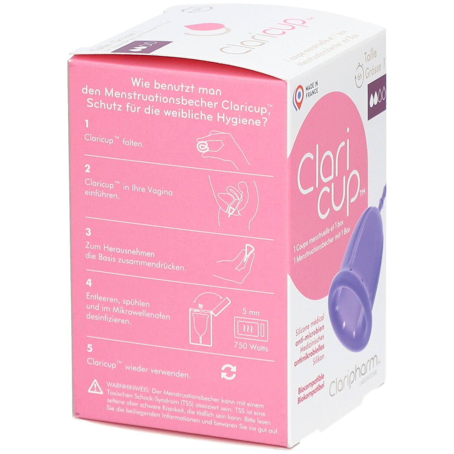 Dos de la boîte Claricup®. Illustrations d'utilisation, informations produit et logo.