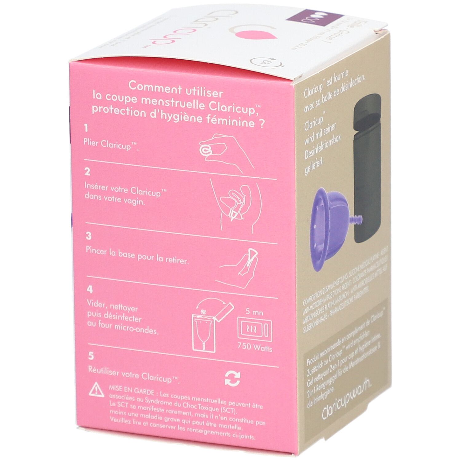Dos de la boîte Claricup®. Instructions d'utilisation, informations produit et logo.