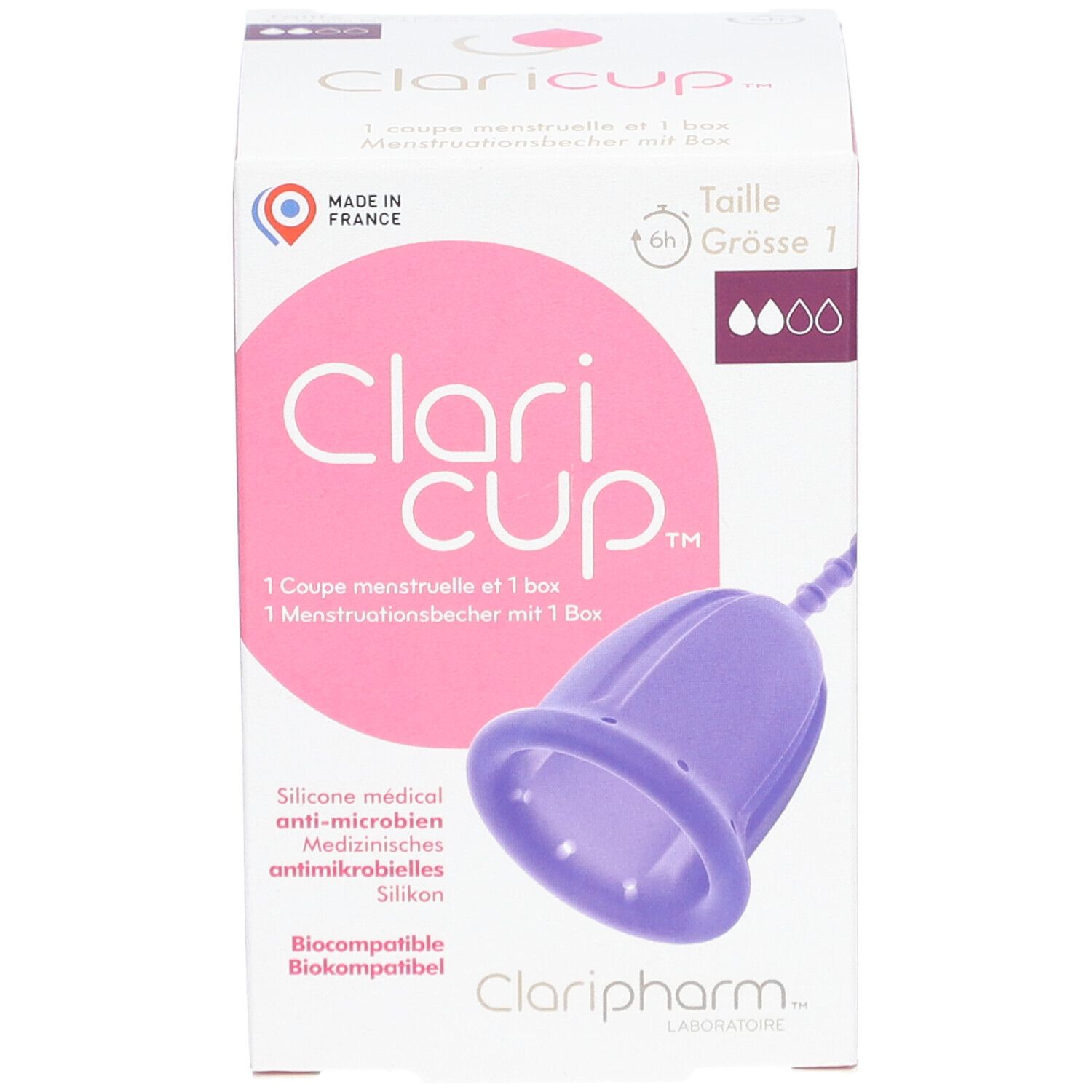 Claricup® Taille 1 dans sa boîte. Coupe menstruelle en silicone violet, informations produit.