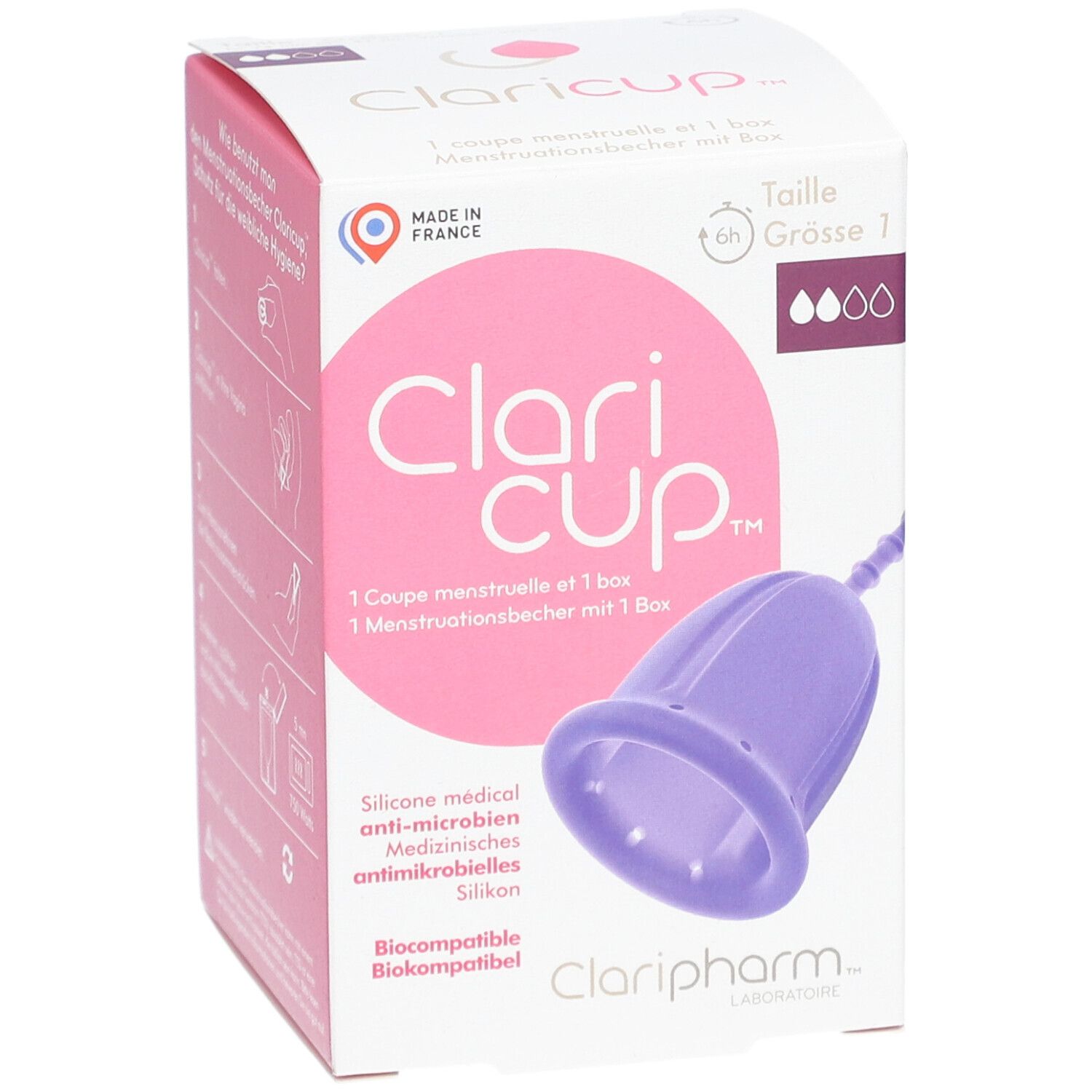 Claricup® Taille 1 dans sa boîte. Coupe menstruelle en silicone violet, informations produit.