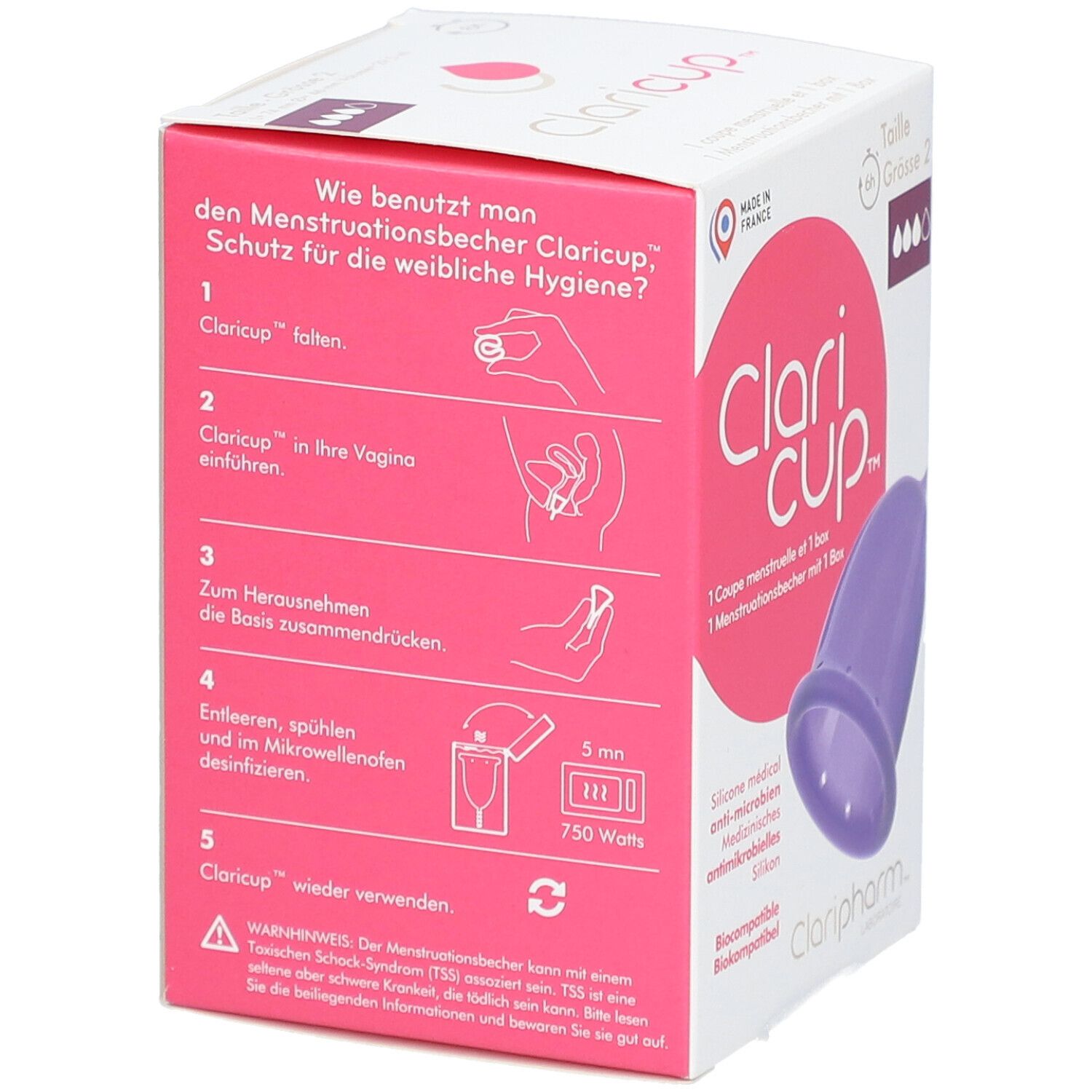 Boîte Clari cup™ Taille 2. Instructions d'utilisation de la coupe menstruelle illustrées sur la boîte.
