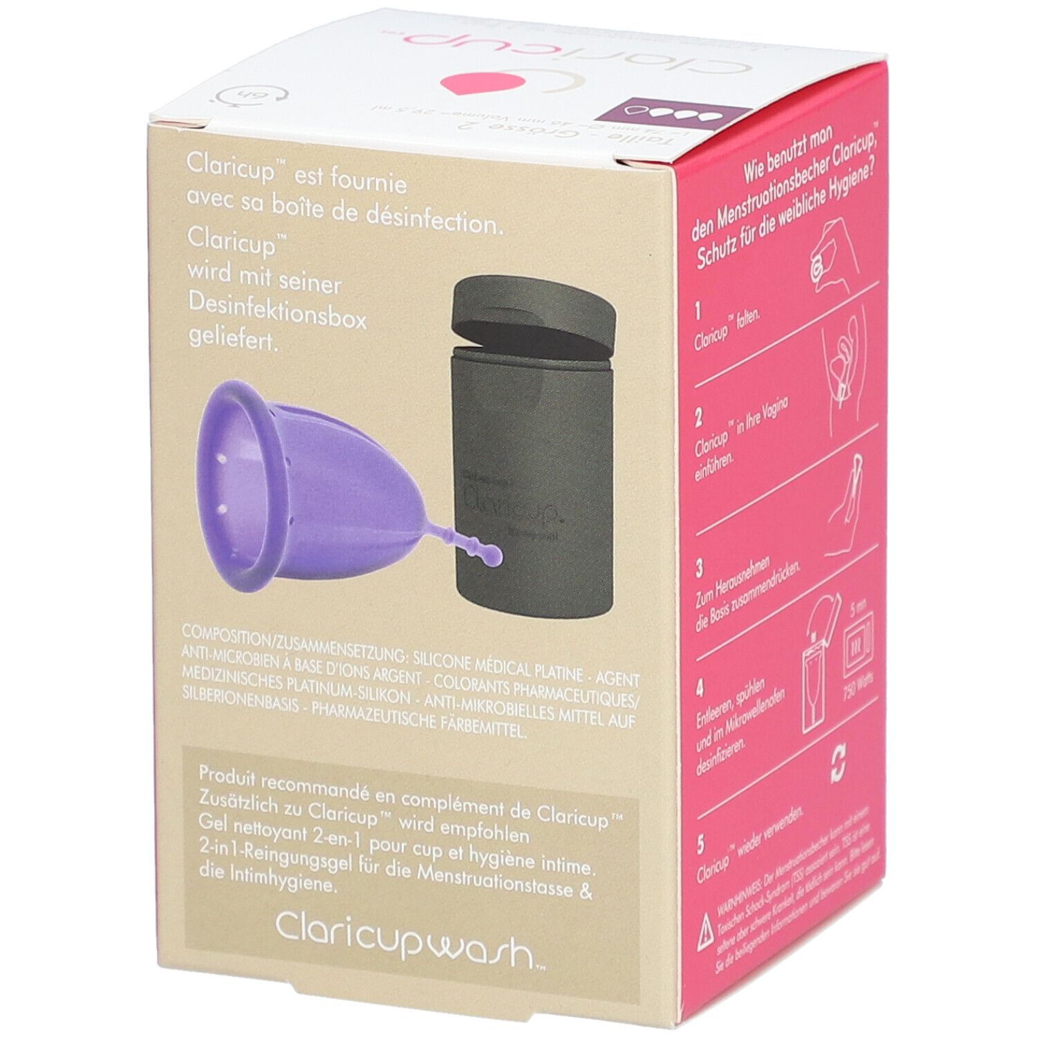 Boîte Clari cup™ Taille 2. Coupe et boîte de désinfection. Informations produit.