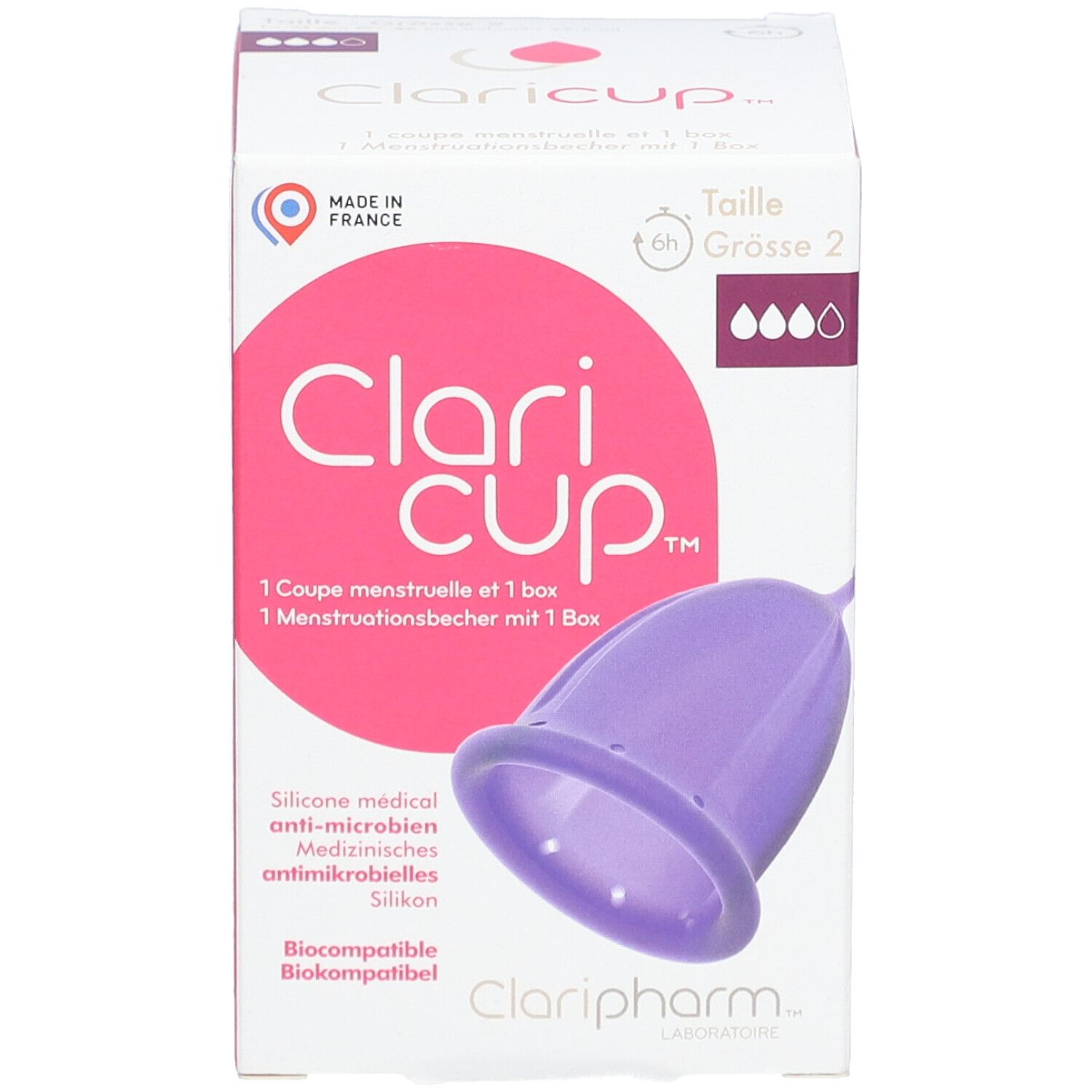 Boîte Clari cup™ Taille 2. Coupe menstruelle violette, informations produit.