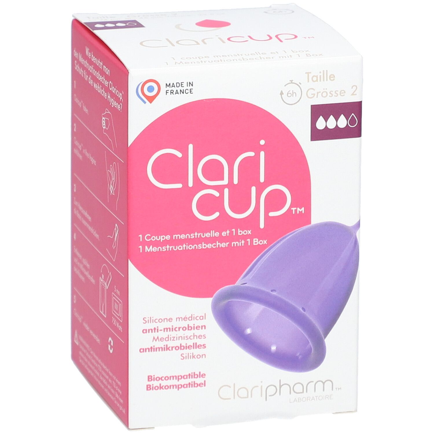 Boîte Clari cup™ Taille 2. Coupe menstruelle violette, informations produit.